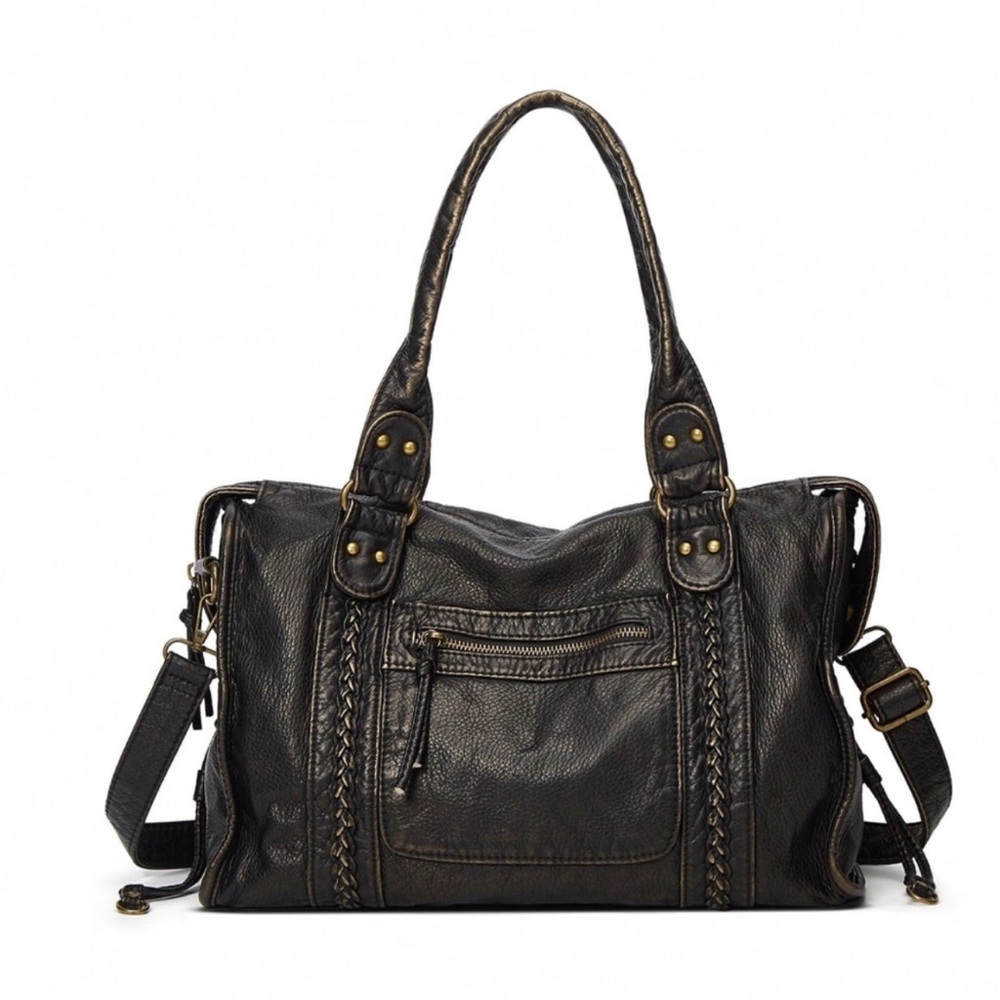 Classic Black Vegan Leather Braided Detail Large Tote Shoulder Bag